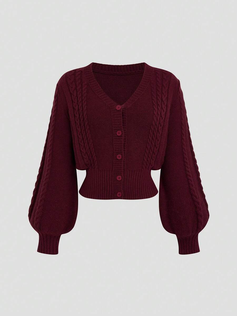 Sweetra Women's Twist Rope Lantern Sleeve Slim Fit Cardigan Sweater, Autumn/Winter - Burgundy - View 1