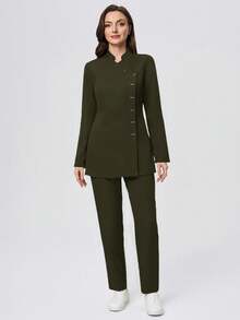 Scrubzie 两件套防皱翻领长袖女式工作服套装（上衣和裤子） - 軍綠色 - 查看 8