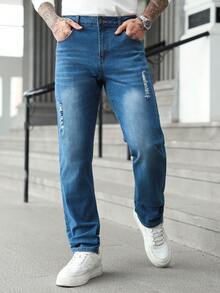 Manfinity Homme Men's Pocket Distressed Straight Loose Casual Versatile Jeans - Blue - View 6