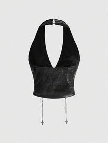 ROMWE Grunge Punk Spring/Summer Carnival Party Black 2pcs Women's Retro Gyaru Biker PU Halter Crop Top & Super Low-Rise Mini Bodycon Shorts Set - Black - View 8