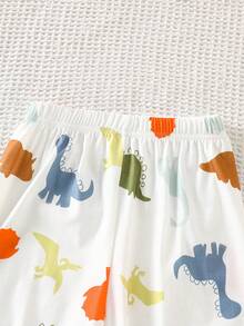 男童睡衣套装 - 两件套睡衣，短袖纽扣领上衣，长裤，恐龙印花，白色底，橙色、蓝色、绿色，可爱俏皮的夏季睡衣，弹性腰带，方便穿脱，2026年假日必备 - 白色 - 查看 4