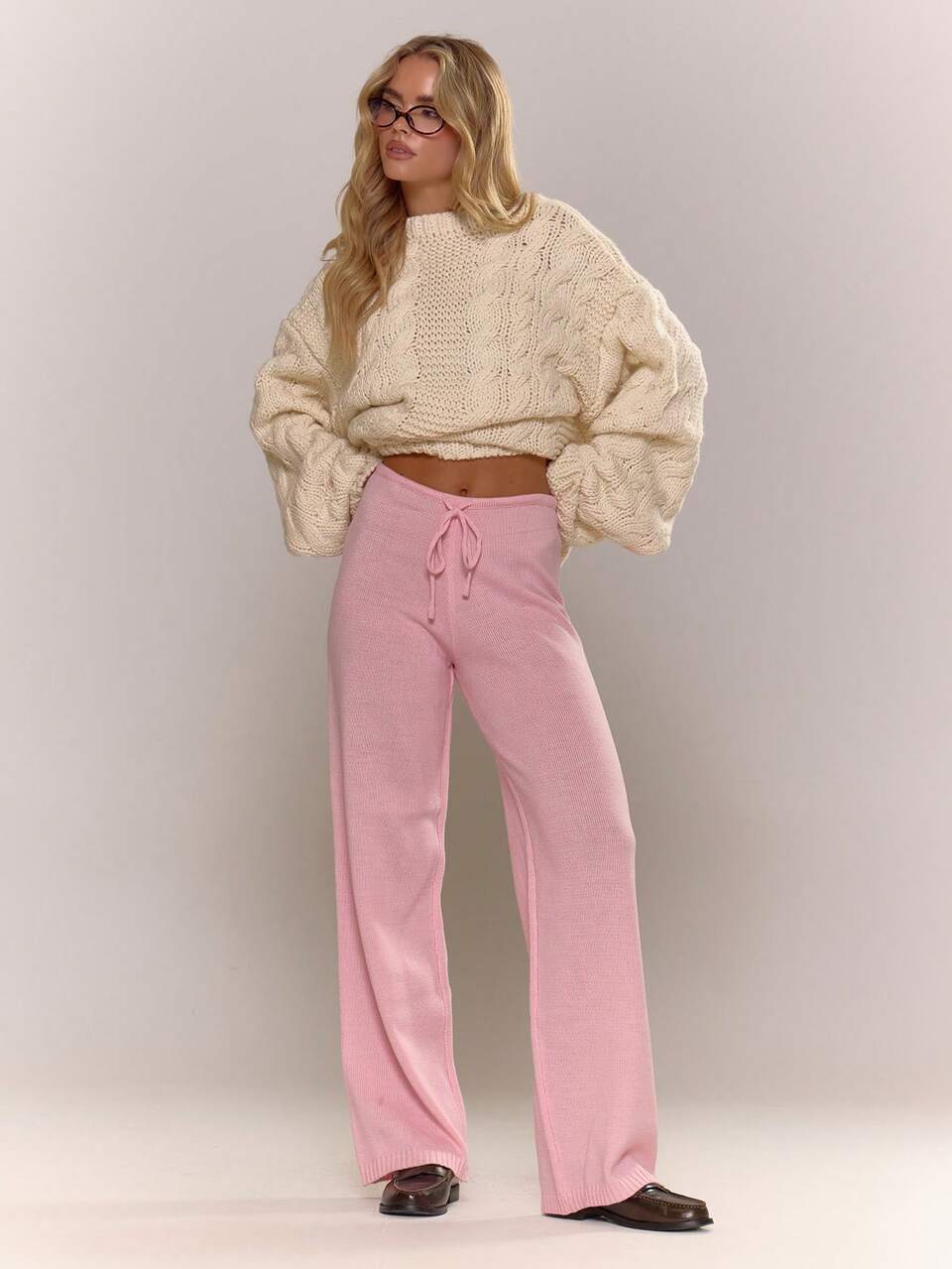 Low Rise Drawstring Waist Rib Knit Wide Leg Casual Trousers Winter Everyday Office