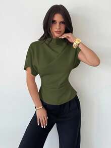 Firerie Crinkle Collar Asymmetrical Sleeve Side Ruched Waist Slim Fit Apricot Bamboo Fiber Fabric Blouse For Women, All Season Solid Color Tops Dark Green Top Olive Green Top Women Tops Elegant - Army Green - View 7