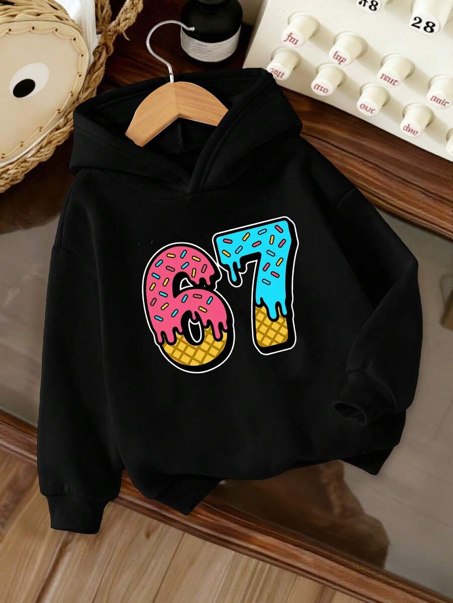Sparklyn Hanorac cu mânecă lungă, casual, la modă, amuzant, minimalist, cu grafică "67", pentru fete preadolescente, potrivit pentru ieșiri, sport, școală, toamnă/iarnă - Negru - Vizualizare 1