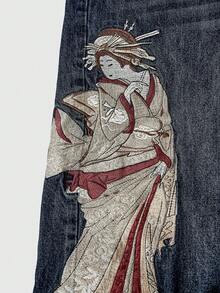 ROMWE J-Fashion 男女皆宜的复古街头风中国艺伎书法刺绣宽松阔腿七分牛仔裤 - 藍色 - 查看 4