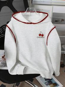 SHEIN 1pc Tween Girl Oversized Cherry Print Sweatshirt,Cute Back-To-School Loose Fit Pullover,Red And White Stripe Contrast Trim,Comfortable Autumn School - Light Grey - View 4
