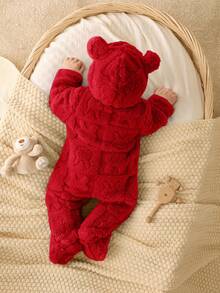 SHEIN 新生儿男女宝宝可爱卡通图案毛绒连帽连体衣，适合秋冬季室内外穿着