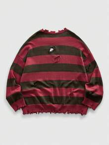 ROMWE MEN Grunge Punk 男士不对称破洞条纹休闲宽松长袖毛衣，冬季款 - 紅色 - 查看 2