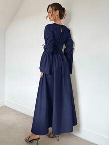 Siren Gaze 秋季新款褶皱抽绳超长喇叭袖A字连衣裙，自然色，舒适宽松休闲秋冬长款女装 - 藍色 - 查看 2