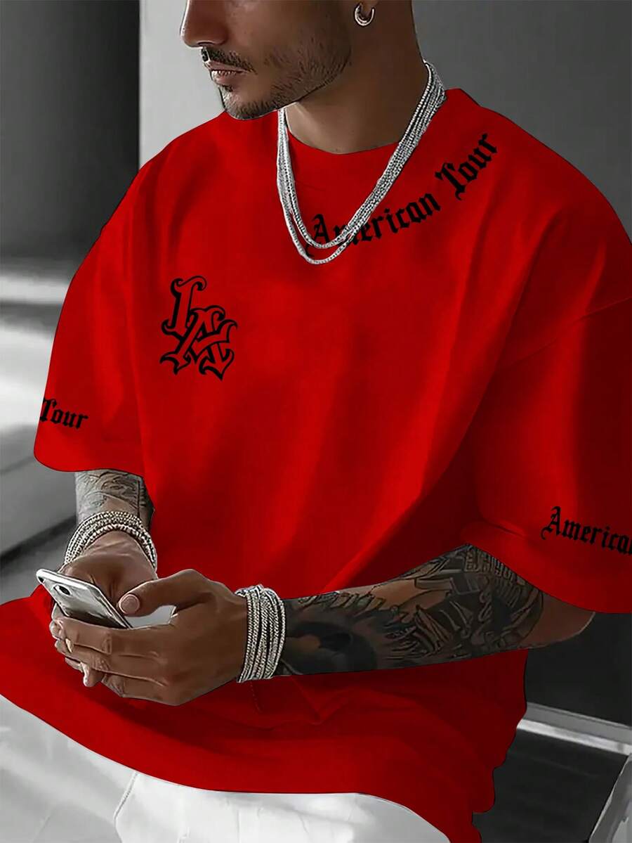 Manfinity LEGND Camiseta de manga corta de cuello redondo casual para hombres con diseño de letra gótica de LA