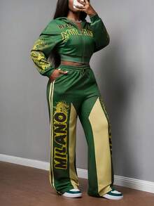 Slaydiva 2025 Höst- och vinternytt Street Casual Loose Fit Grön Mönstertryck Beskuren Långärmad Kofta Sweatshirt + Hög Midja Vida Byxor Dam Tvådelat Set, Lämpligt För Dagliga Utflykter, Vännersammankomster, Halloween, Fest Streetmode, Brunchkläder, Höst- och Vinter Varmt Set, Jul - Grön - Visa 5