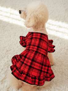 PETSIN 1 pièce Robe à manches bouffantes à carreaux rouges pour animaux de compagnie, Noël - Multicolore - Voir 3