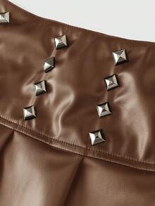 ROMWE Avant 音乐节PU朋克铆钉装饰超低腰褶皱女裙 - 棕色 - 查看 4