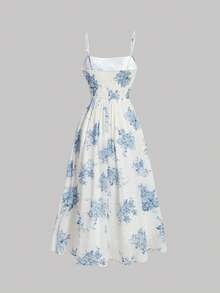 SHEIN MOD Women's Floral Print Frilled Hem Cami Dress,Pastel Dresses For Women - Blue and White - View 2