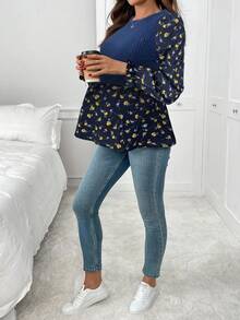SHEIN 孕妇拼布碎花圆领长袖休闲哺乳上衣 - 藏蓝色 - 查看 4