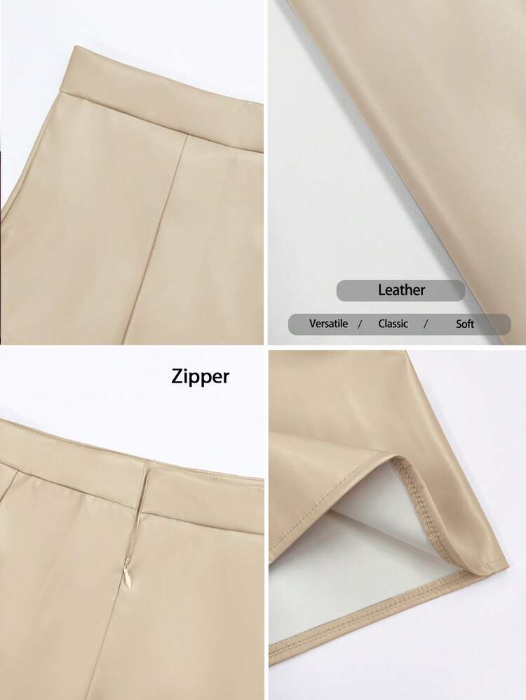 Pariaura 女士杏色皮革拉链A字裙，适合万圣节派对、婚礼宾客等场合，优雅百搭，冬季外出穿着，适合秋冬季节、圣诞节等各种场合，时尚别致，休闲百搭，棕色系，适合圣诞节、万圣节等各种场合。 - 杏色 - 查看 4