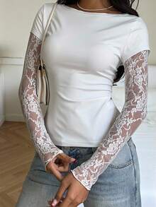 CovetEZ Top de mujer de manga larga 2 en 1 con patchwork de encaje tejido - Blanco - Ver 2