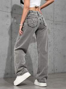 Pantalones Vaqueros Anchos de Mujer de Cintura Alta, Estilo Vintage con Detalles Únicos, Confortables y Versátiles - Gris - Ver 4