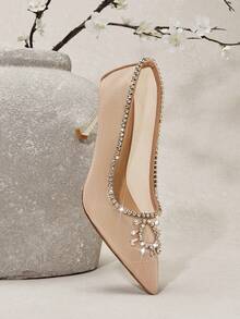 SHUZIA Women's Fashionable Sexy Point Toe Mesh Rhinestone Embellishments Pumps - Beige - View 3