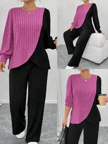 EMERY ROSE Plus Size Crew Neck Long Sleeve Soft Knit Ribbed Colorblock Asymmetrical Patchwork Top & Straight Leg Pants 2 Pieces Set,Black,Autumn,Smart Casual,Everyday - Multicolor - View 1