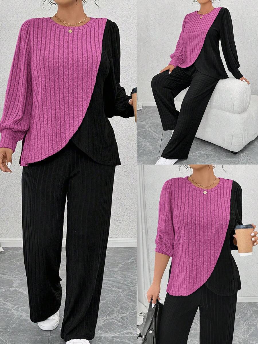 EMERY ROSE Plus Size Crew Neck Long Sleeve Soft Knit Ribbed Colorblock Asymmetrical Patchwork Top & Straight Leg Pants 2 Pieces Set,Black,Autumn,Smart Casual,Everyday - Multicolor - View 1