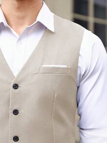 Manfinity Mode Men's Solid Color V-Neck Single-Breasted Casual Vest Men Waist Coat Men Dress Vest Waistcoat European Style Clothes Men - Apricot - View 4