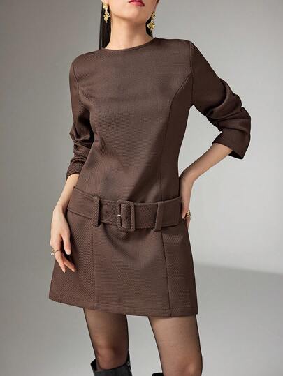 Heiryn 女式纯色圆领长袖系带休闲短款连衣裙