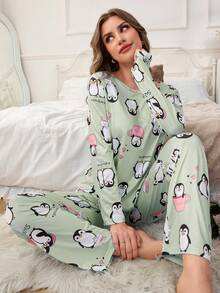 1件装女士牛奶丝140克数码印花睡衣套装，可爱企鹅睡衣，卡哇伊睡衣，卡通睡衣套装，女士冬季服装