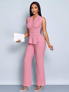 SOLERSUN Bộ đồ hai mảnh không tay dài tay cổ chữ V thanh lịch màu mơ cho nữ, quần ống rộng, viền bất đối xứng, thường ngày, mùa xuân và mùa hè, không tay, tay ngắn - Hồng - Xem 6