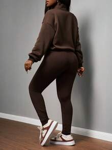Slaydiva 2025新款秋冬休闲街头风基础款运动瑜伽拉链连帽衫+紧身裤套装 - - 棕色 - 查看 2