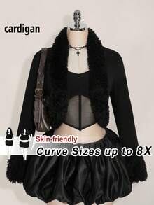 SHEIN CURVE+ 大码纯色毛边开襟短款秋季女装外套 - 黑色 - 查看 1