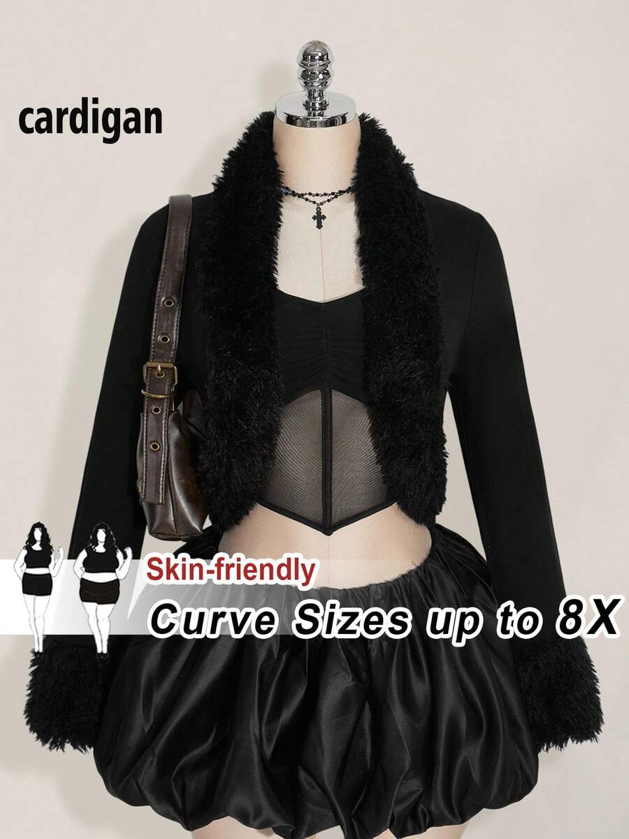 SHEIN CURVE+ 大码纯色毛边开襟短款秋季女装外套 - 黑色 - 查看 1