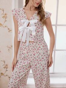 Bộ đồ ngủ áo và quần họa tiết nơ hoa sọc dành cho nữ - Nhiều màu - Xem 3