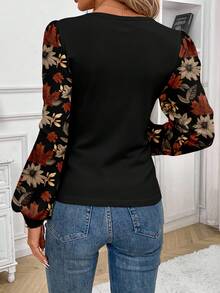 SHEIN Frenchy Casual Vintage Commuter Versatile Elegant Warm, Leaf Print Pattern, Square Neck Long Gigot Sleeve Fitted Women T-Shirt, Comfortable And Warm For Autumn/Winter Spring - Multicolor - View 2