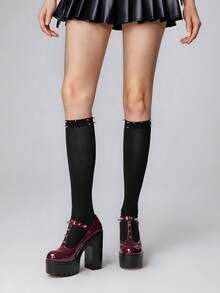 ROMWE Goth 女士朋克风铆钉设计漆皮厚底时尚高跟鞋 - 酒紅色 - 查看 2