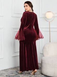 Modelyn 大码优雅派对网纱拼接喇叭袖连衣裙 - 酒紅色 - 查看 2