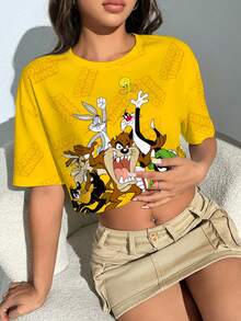LOONEY TUNES X SHEIN Áo thun ngắn tay in hình động vật hoạt hình dễ thương dành cho nữ, mùa hè - trắng - Xem 7