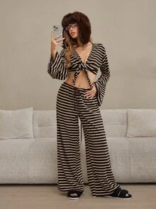 SHEIN Conjunto de pijama de pantalón y blusa de manga larga a rayas casual para mujer - Multicolor - Ver 4