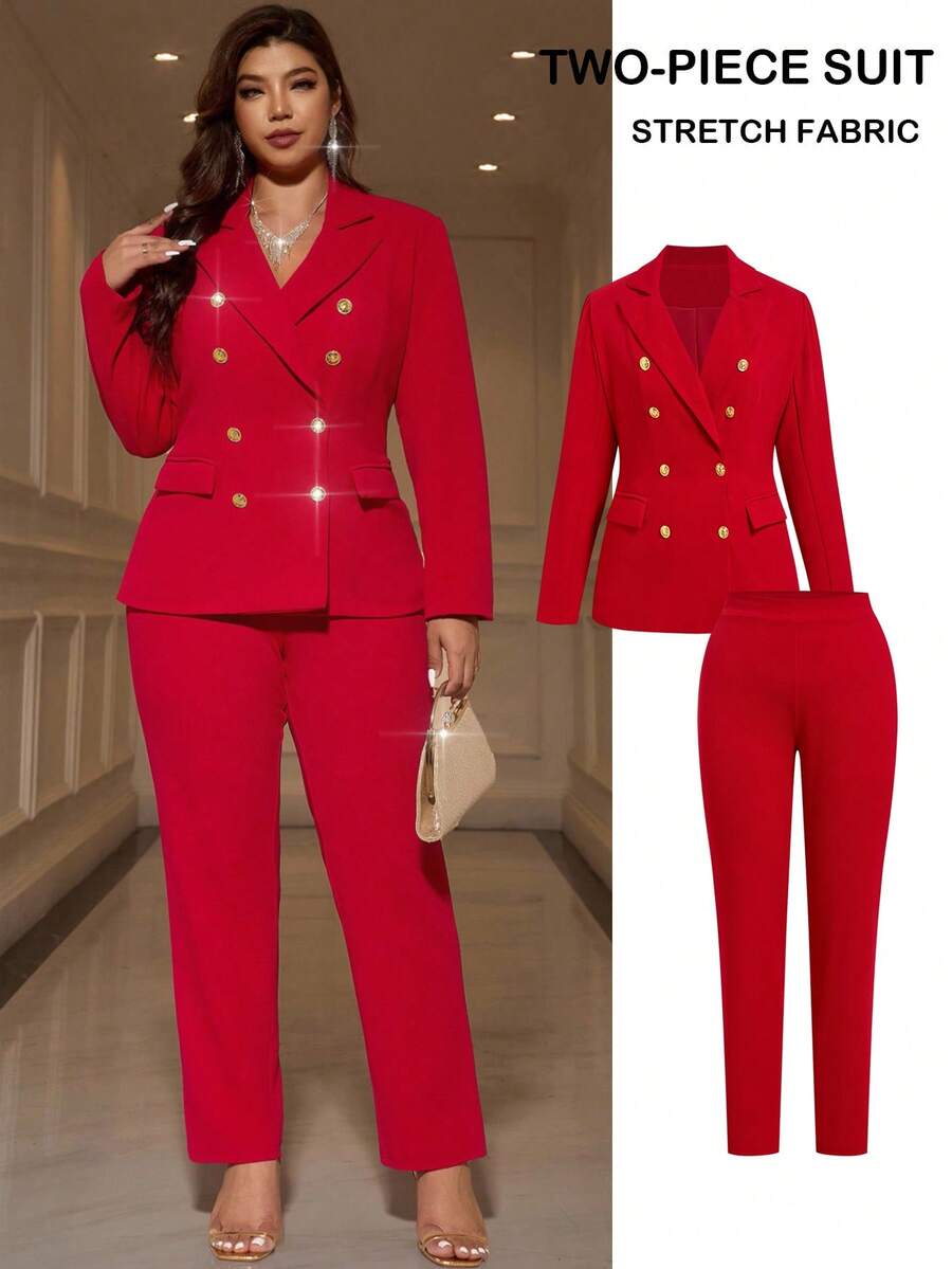 SHEIN Clasi 大码纯色简约日常穿着翻领长袖西装外套 - 紅色 - 查看 1