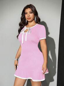 Viva Relle 大码女式撞色镂空系带A字荷叶边短裙 - 粉色 - 查看 4