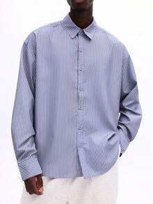 Áo sơ mi dài tay cổ bẻ dáng rộng SUMWON kẻ sọc, thích hợp mặc thường ngày, công sở, trang trọng, mùa xuân hè. - Màu xanh lam - Xem 5