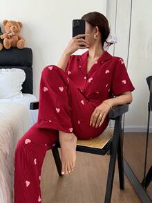 SHEIN 条纹爱心印花翻领短袖裤装女士睡衣套装 - 紅色 - 查看 3