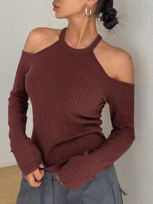 DAZY 女士秋季简约纯色露肩修身长袖T恤 - 酒紅色 - 查看 3