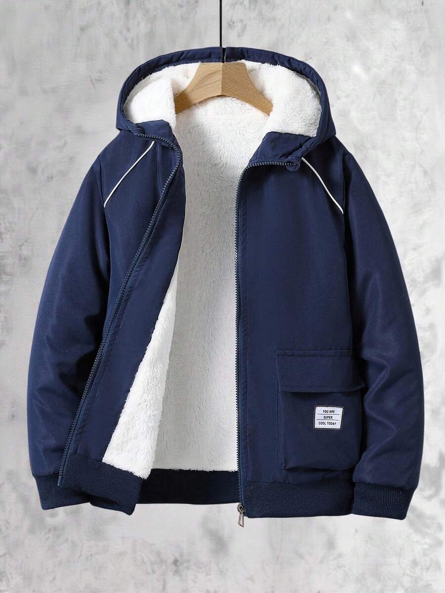 SHEIN Vacaura 青少年男孩冬季休闲保暖保暖内衬拉链连帽夹克