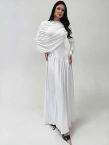 Firerie 女士纯色长袖褶皱不对称设计优雅连衣裙 - 白色 - 查看 4