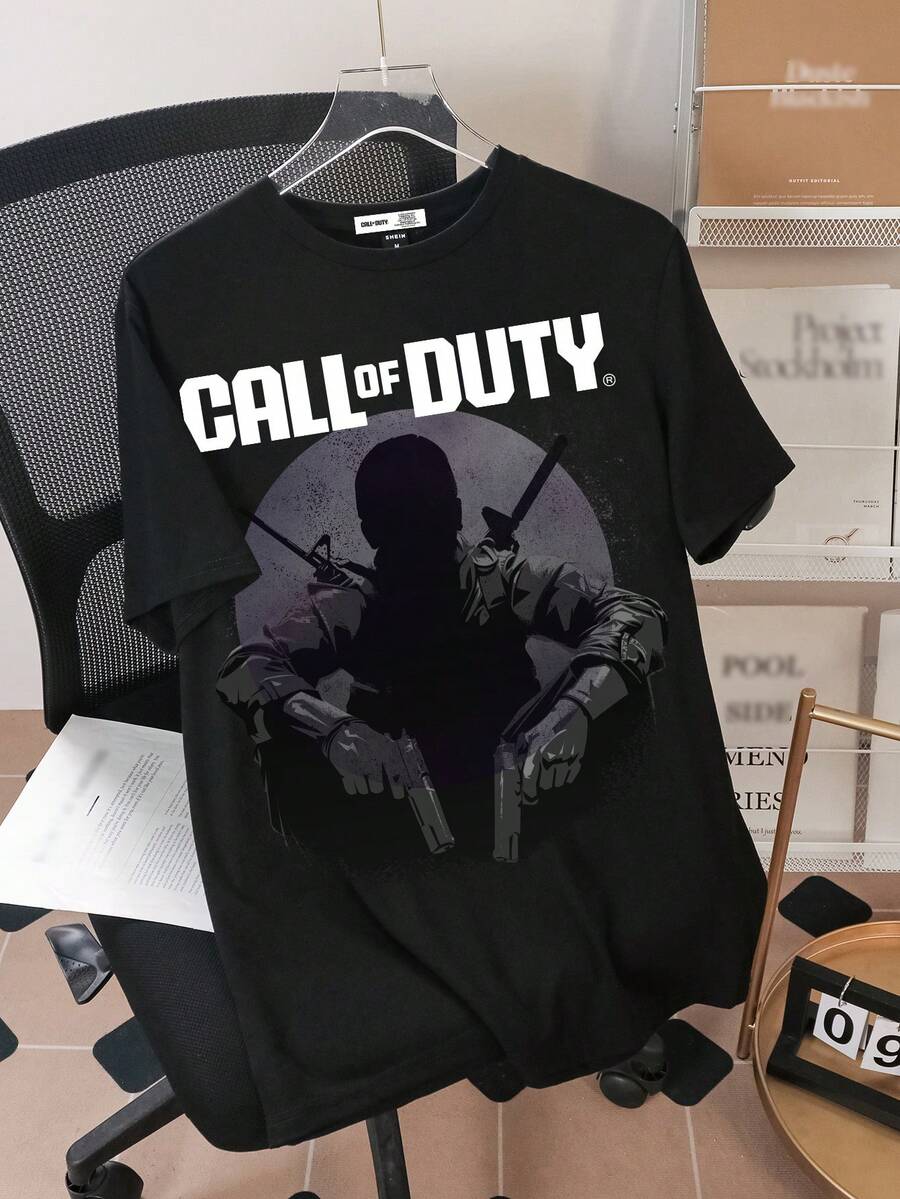 CALL OF DUTY X SHEIN 夏季男士休闲图案和字母短袖 T 恤 - 黑色 - 查看 1