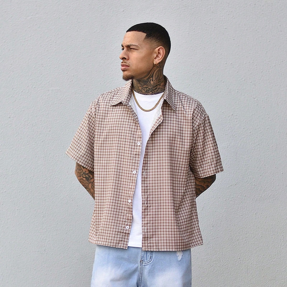 Camisa casual de verano de manga corta con un solo pecho a cuadros para hombre