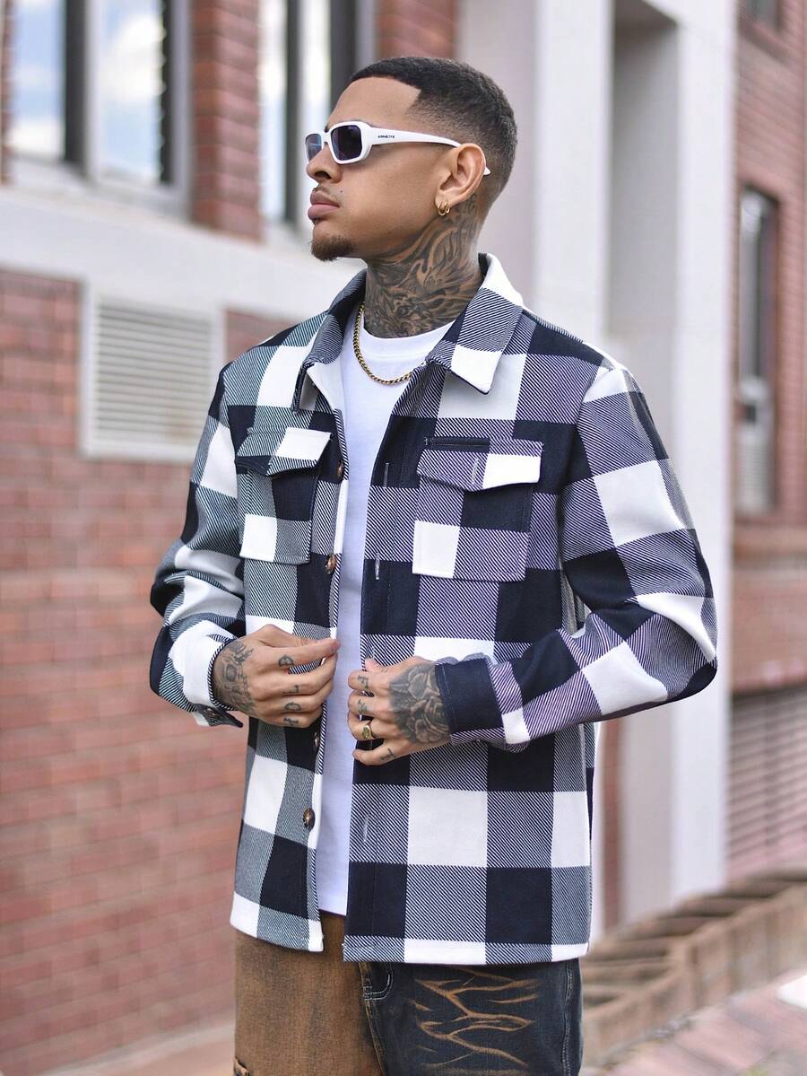 Devon Thys 男士休闲格子夹克，时尚百搭简约风格，秋季 - 黑與白 - 查看 1