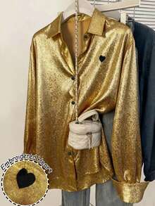 Franclia 女士春秋季纯色金属质感心形刺绣衬衫，精致心形刺绣，尖领单排扣设计，适合日常穿着、通勤、聚会等场合。 - 金色 - 查看 1