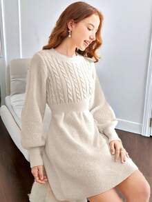 SHEIN Teen Girls Khaki Crewneck Knit Textured Twist Puff Sleeve Waist Fit & Flare Casual Dress, Elegant In Fall/Winter - Khaki - View 4